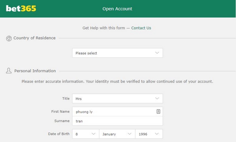 Hoàn thiện việc đăng ký Bet365 và chấp nhận các điều khoản điều kiện