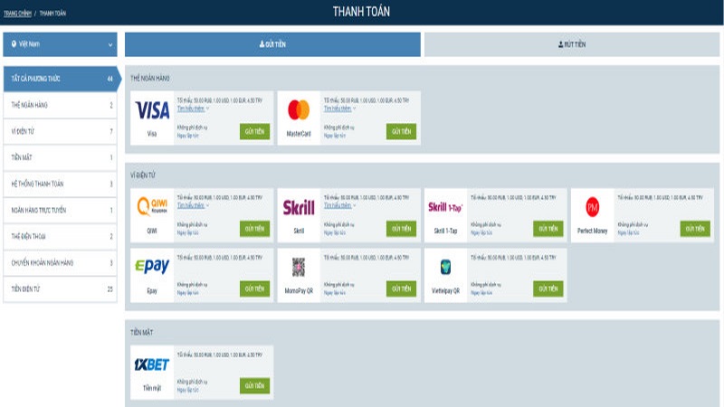 1XBET cung cấp đa dạng phương thức thanh toán tiện lợi