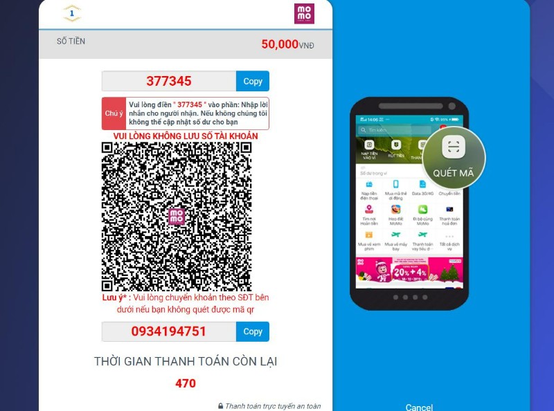 Nạp tiền 1XBET thông qua ứng dụng Momo Pay