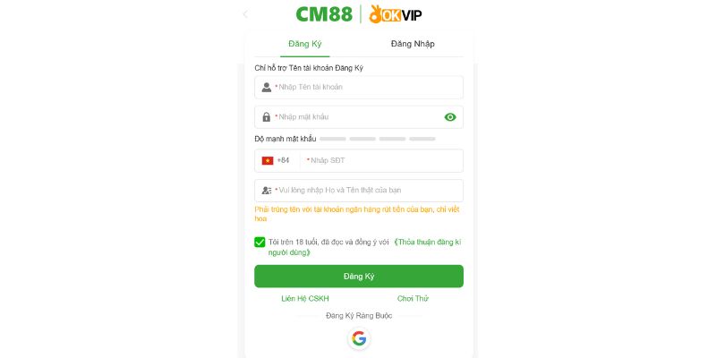 Hướng dẫn mở tài khoản tại CM88